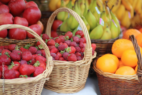 Colorful Baskets of Fresh Fruit at Market 