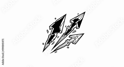 Three jagged, crystalline arrowheads, black and white graphic illustration