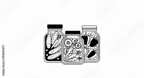 Three jars filled with pickled vegetables