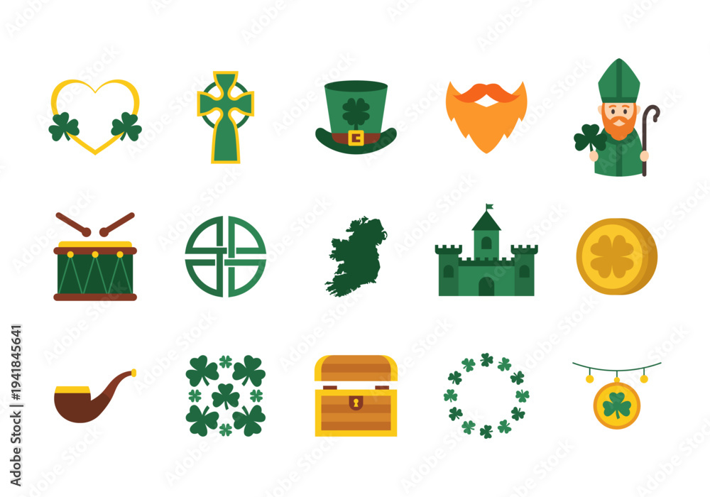 Obraz premium Saint Patricks Day Flat Icon Set Featuring Irish Clover Rainbow Beer And Lucky Symbols