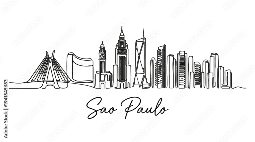 Obraz premium Minimalist Line Drawing of Sao Paulo's Skyline Showcasing Iconic Skyscrapers and Landmarks