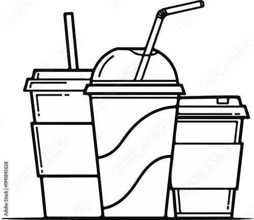 Three stylized outline cups with lids and straws, two with sleeves
