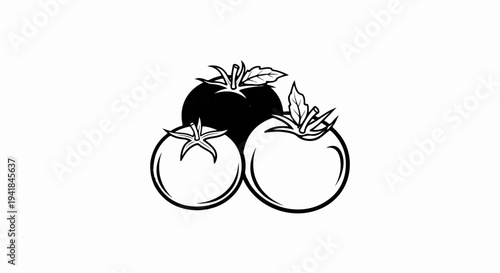 Three stylized tomatoes, one dark, two outlined, with green leafy stems