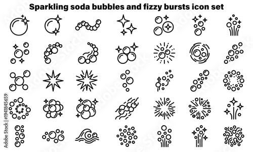 Sparkling soda bubbles and fizzy bursts icon set for design