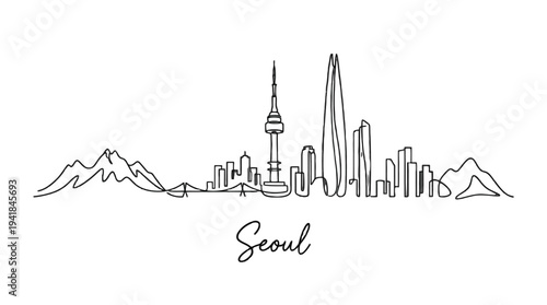 Minimalist Line Art Illustration of Seoul City Skyline with Iconic Landmarks and Mountain Backdrop in Black and White