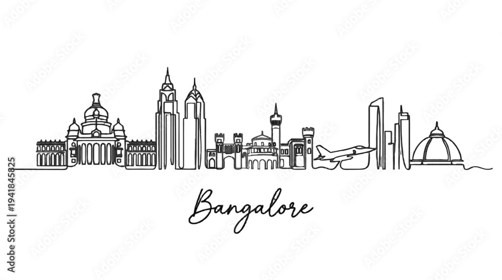 Fototapeta premium Minimalist line art illustration of Bangalore's iconic skyline featuring diverse architectural landmarks and cityscape elements