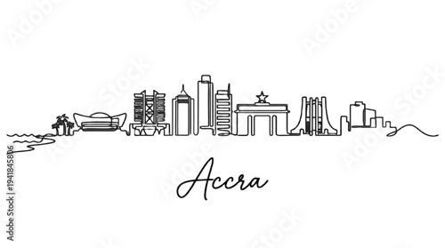 Stylized minimalist black and white illustration of the Accra city skyline showcasing diverse architecture and iconic landmarks