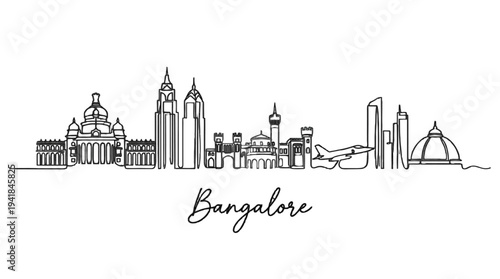 Minimalist line art illustration of Bangalore's iconic skyline featuring diverse architectural landmarks and cityscape elements