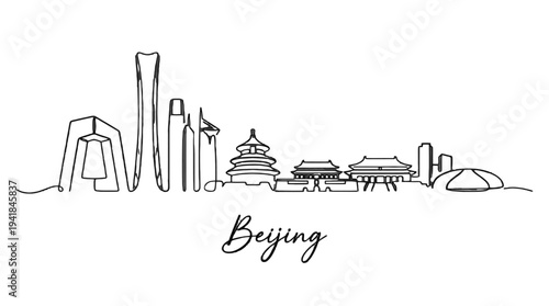 Minimalist Line Drawing Illustration Depicting Iconic Beijing Skylines and Traditional Architecture