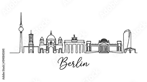 Minimalist Line Art Illustration of Berlin's Iconic Skyline Featuring Historic and Modern Landmarks