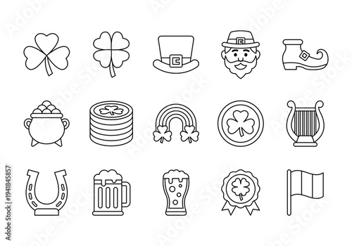 Saint Patricks Day Celebration Icon Set With Irish Symbols Clover Beer And Lucky Elements