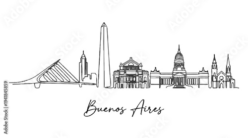 Minimalist Line Illustration Showcasing Iconic Buenos Aires Architectural Landmarks and City Skyline