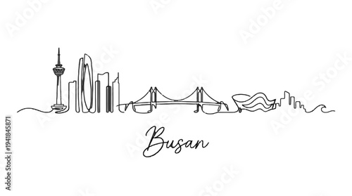 Minimalist Line Art Illustration of Busan City Skyline Featuring Iconic Landmarks and Bridge