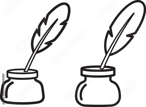 Ink pen and inkwell icon set outline illustration