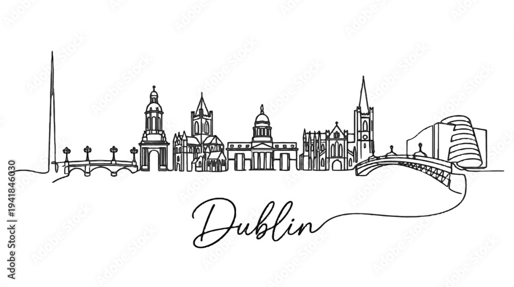 Fototapeta premium Minimalist Line Art Illustration of Dublin Skyline Featuring Iconic Landmarks and the River Liffey