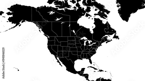 Minimalist Black and White Map of North America with US States and Canadian Provinces Borders