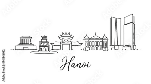 Stylized minimalist skyline illustration of Hanoi blending traditional and modern architecture