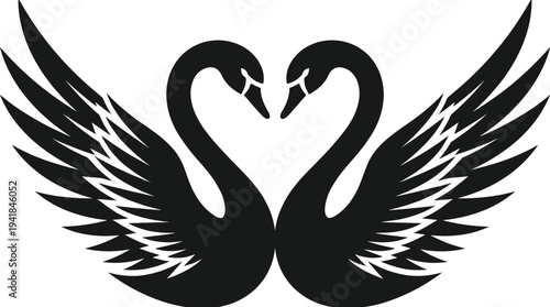 Elegant Black Swans Forming a Heart Shape Silhouette Vector Illustration Symbolizing Love, Romance, Elegance, Unity, and Refined Artistic Design