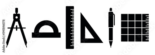 Set of black silhouette drafting tools including a compass, protractor, ruler, triangle, and pen arranged in a row for a school or engineering concept