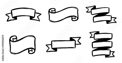 Six hand-drawn black outline ribbon banners with a rough, sketchy texture are arranged in various dynamic shapes, perfect for adding a grunge or doodle element