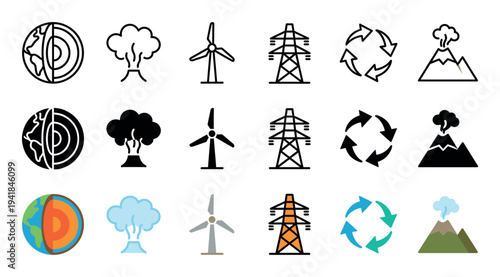 Set of ecology and energy icons in three different styles including line, glyph, and color, featuring a volcano, wind turbine, recycle symbol, geyser, and earth core diagram