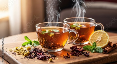 Steaming herbal tea in glass cups with lemon herbs and spices on wooden board