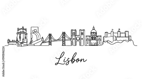 Minimalist black and white outline of Lisbon cityscape featuring iconic landmarks and bridges representing Portugal's vibrant
