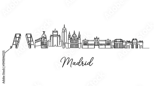 Minimalist Line Drawing Illustration of Madrid Skyline Highlighting Iconic Landmarks and Architecture Style
