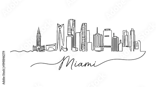 Minimalist Line Art Illustration of Miami Skyline with Iconic Buildings and Signature Style