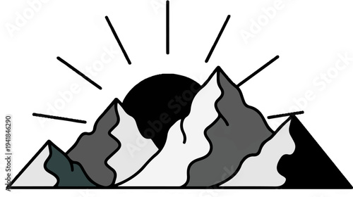 Stylized mountains with a dark sun rising behind them, lines extend upward