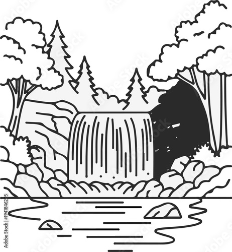 Stylized woodland waterfall cascading into a serene body of water, surrounded by trees