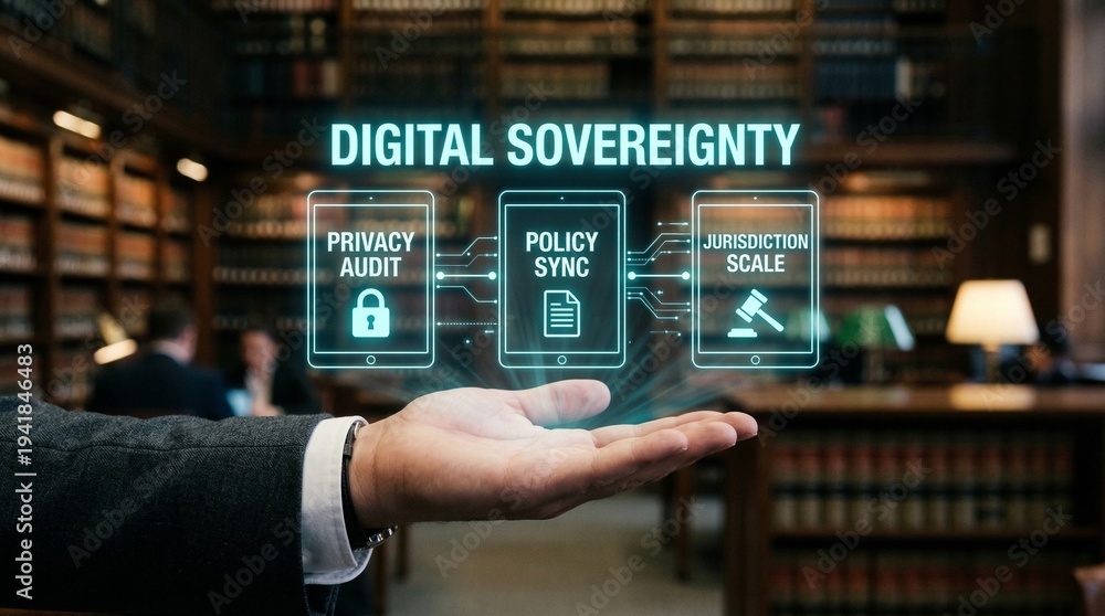 Fototapeta premium Businessman presenting digital sovereignty concepts in modern law library