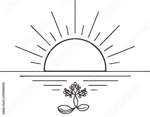 Sunrise over water with a plant growing