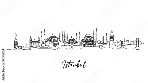 Minimalist Line Art Illustration of Istanbul Skyline Featuring Famous Mosques and Bridges