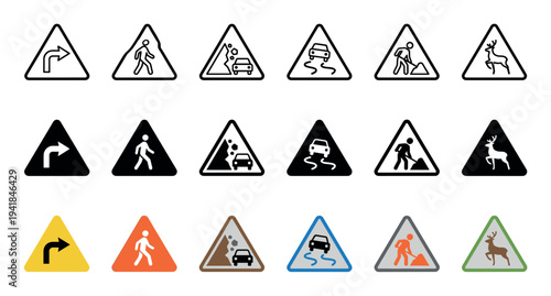 Collection of triangular road warning signs including pedestrian crossing, slippery road, falling rocks, and deer crossing, presented in three distinct graphic styles