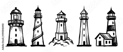 Set of five hand-drawn lighthouses in a rough sketch style, showcasing various nautical tower designs in a monochrome ink illustration for maritime themes