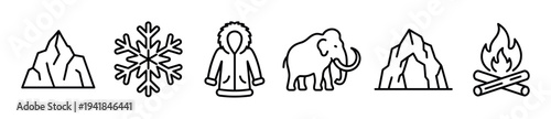 Set of black line icons representing prehistoric ice age themes including a mammoth, mountain, snowflake, warm winter jacket, cave, and a campfire in a minimalist style