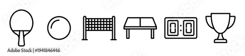Table tennis equipment and competition elements represented as a set of black line art icons, including a racket, ball, net, table, digital scoreboard, and a championship trophy