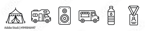 Set of black line icons for a music festival including a tent, RV, speaker, food truck, water bottle, and badge, representing outdoor event and entertainment elements