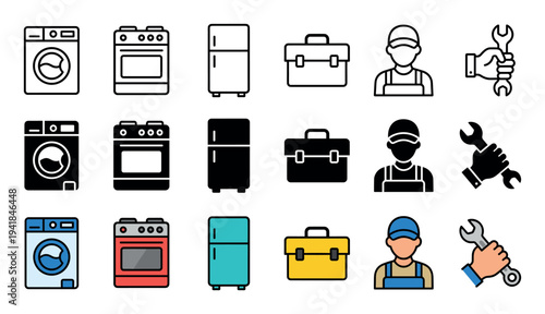 Home appliance repair and service icon collection in line, glyph, and color variations, illustrating a washer, stove, fridge, toolbox, a worker, and a hand with a wrench