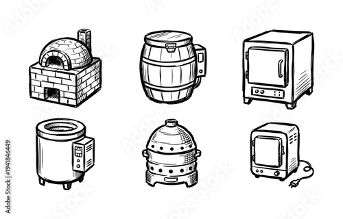 Set of six hand-drawn cooking equipment illustrations including a brick oven, barrel, smoker, kiln, steamer, and toaster oven in a black and white sketch style