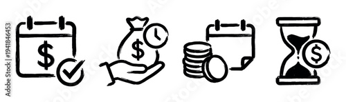 Four hand-drawn black financial icons set showing concepts of payment schedule, investment, time is money, and deadlines in a simple brush stroke style illustration