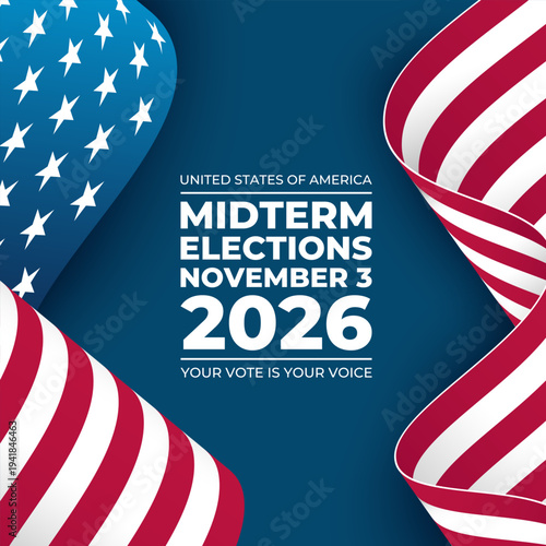 United States Midterm Elections November 3, 2026. Waving American flag on blue background. Vector Illustration.