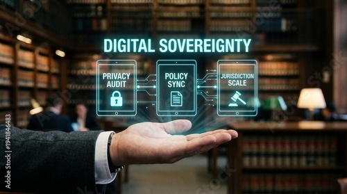 Businessman presenting digital sovereignty concepts in modern law library