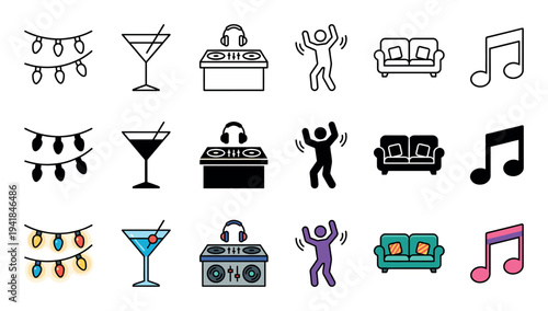 Versatile set of party themed icons in outline, silhouette, and colored versions, including a DJ turntable, martini glass, musical note, sofa, and festive lights