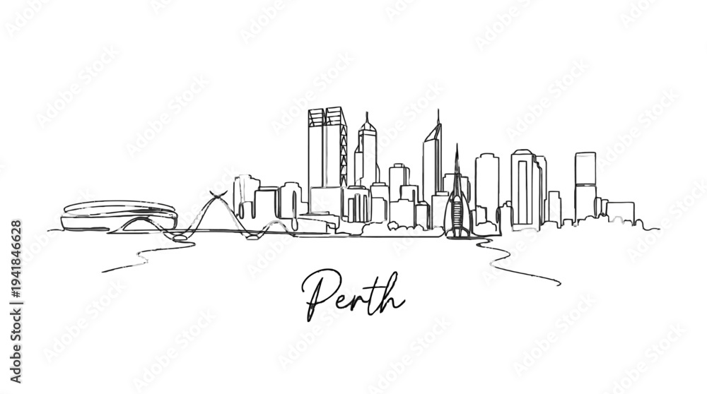 Fototapeta premium Minimalist Line Drawing Depicting Perth City Skyline with Iconic Landmarks and Cityscape