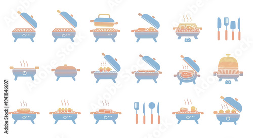 Collection of Colorful Grill Icons with Open Lids and Utensils.