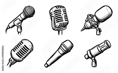 Six hand-drawn sketch-style microphones are depicted in a collection of various audio recording devices, showcasing different designs and eras in a monochrome line art style