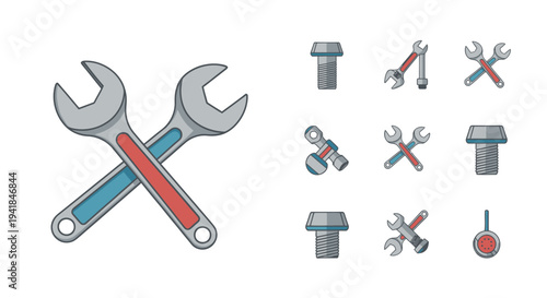 Cartoon style crossed wrenches and assorted repair tool icons set.