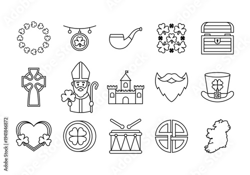 Saint Patricks Day Outline Icon Set Featuring Irish Symbols Lucky Clover And Festival Signs
